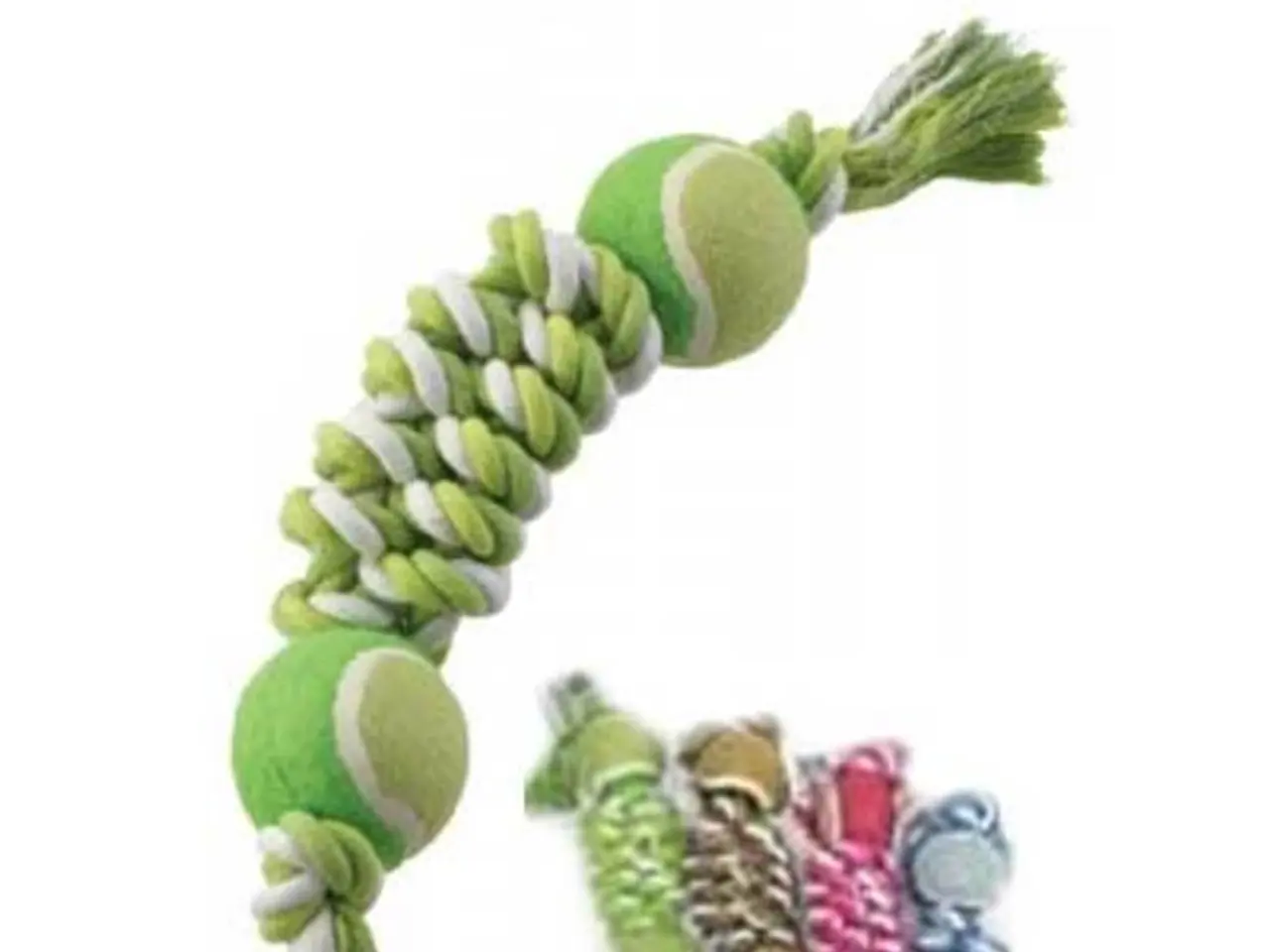 In this image there are a few balls tied with ropes.